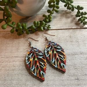 Multicolor Leaf Drop Earrings Wooden. New!